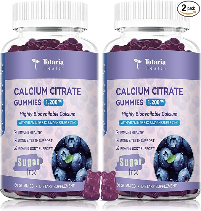 2 Pack Calcium Citrate Gummies 1200 mg - Calcium Supplements for Women with Vitamin D3 & K2,Magnesium,Zinc - Sugar Free Calcium Gummies for Bone & Teeth & Immune Support- Blueberry Flavor