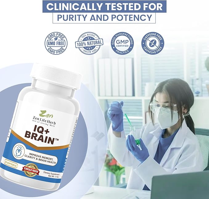 ZEN LIFE HERB IQ+ Brain - Caffeine-Free, Clinically Tested Focus, Concentration, Memory & Energy, Natural Plant-Based Herbal Supplement, No Added Vitamins/Minerals/Mushroom/Sugar (30 Softgels)