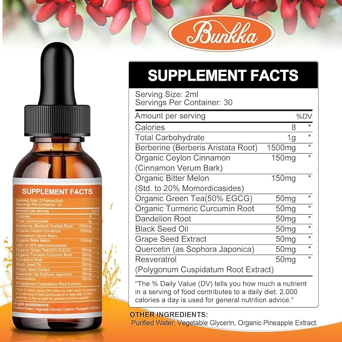 (2 Pack) Berberine Supplement, Berberine Liquid Drops with Ceylon Cinnamon, Bitter Melon, Sugar-Free & Vegan Supplement Supports Immune System & Gastrointestinal Care - 4 FL Oz