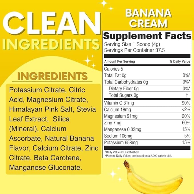 Zero Sugar - Banana Cream Electrolytes Powder - Refreshing Hydration - Caffeine Free Energy with All Natural Ingredients - Vegan, Keto & Paleo - Sugar Free Electrolytes Powder Drink Mix - 37 Servings
