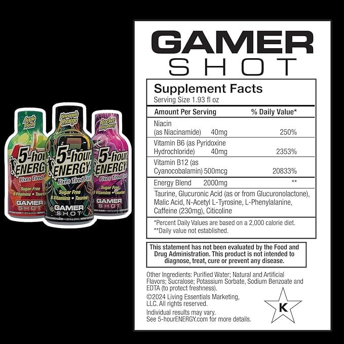 5-Hour Energy Gamer Shots Variety Pack, 24 Count (1.93 fl oz) - Extra Strength Apple Bash, Rocket Raspberry, Pineapple Charge Flavors