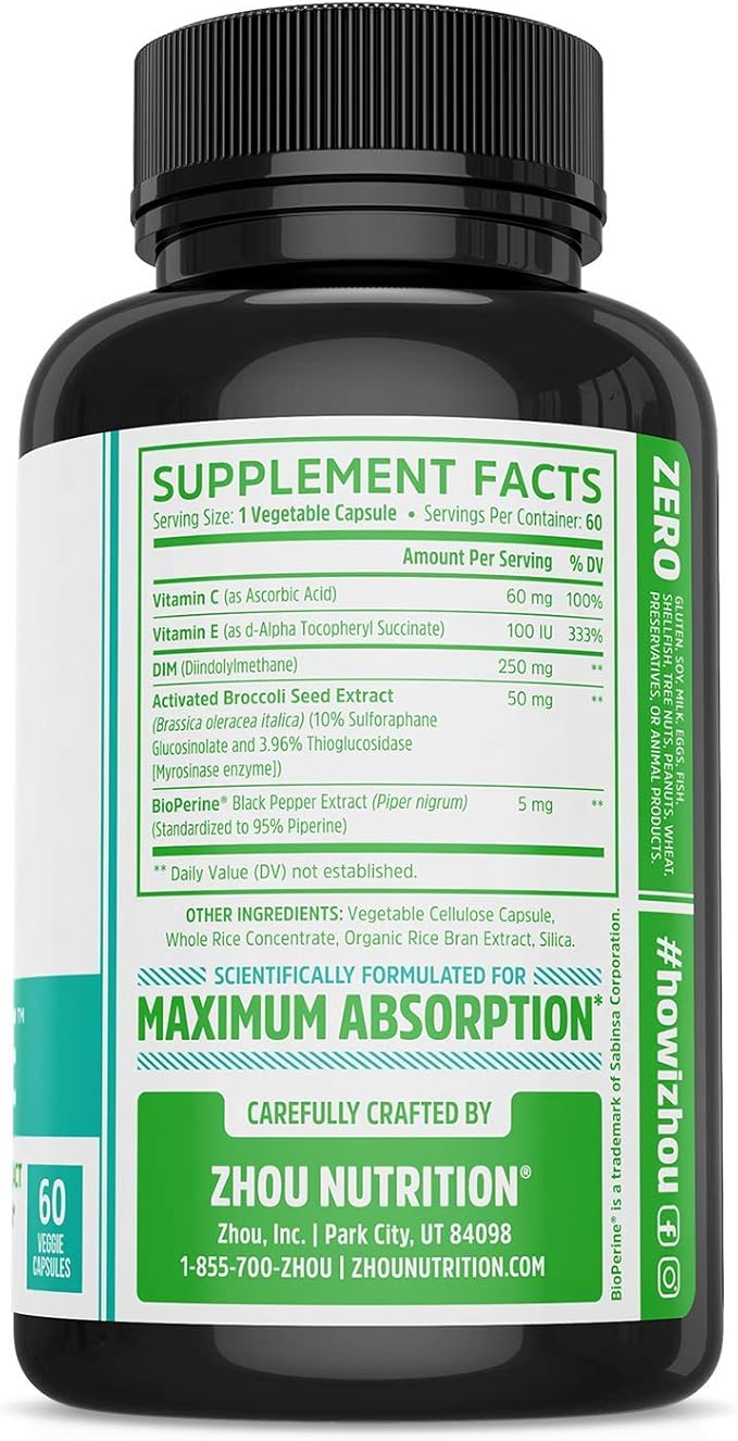 Zhou DIM Active - DIM Supplement, Hormone Balance for Women & Men, Hormonal Support with 250mg Diindolylmethane - 60 Vegan Capsules