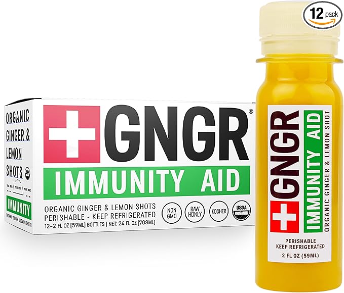 +GNGR Immunity Aid Organic Ginger, Lemon & Honey Shot - Cold Pressed Ginger Shots with Echinacea, Lemon Juice, Honey, Zinc & Vitamin D3, Immune & Digestive Support 2 fl oz (Pack of 12)
