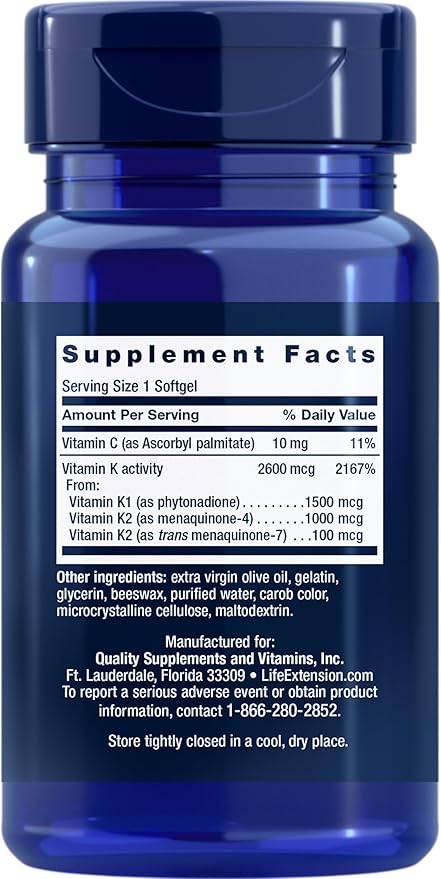 Life Extension Super K, Vitamin K1, Vitamin K2 mk-7, Vitamin K2 mk-4, Heart Health, arterial Health, Calcium Balance, 3-Month Supply, Gluten-Free, 1 Daily, Non-GMO, 90 softgels