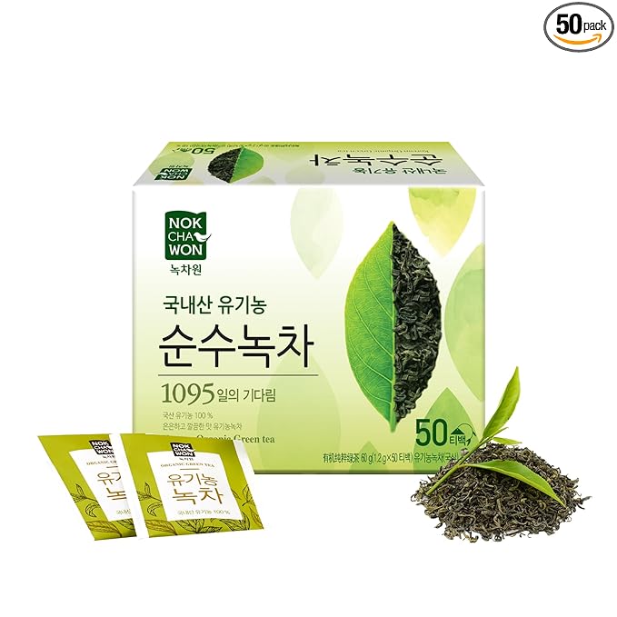 [Nokchawon] Organic Pure Green Tea 50 Tea Bags - Specially Roasted Korean Organic Green Tea, Delicate Flavor & Aroma