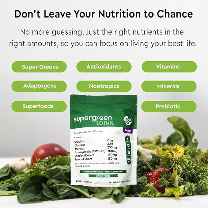 100% Natural Greens Superfood Powder – Daily Supplement with 40 Superfoods, Vitamins and Minerals – Supports Energy, Stress and Immunity – 30 Days 360 Grams Berry Flavor (1 Bag)