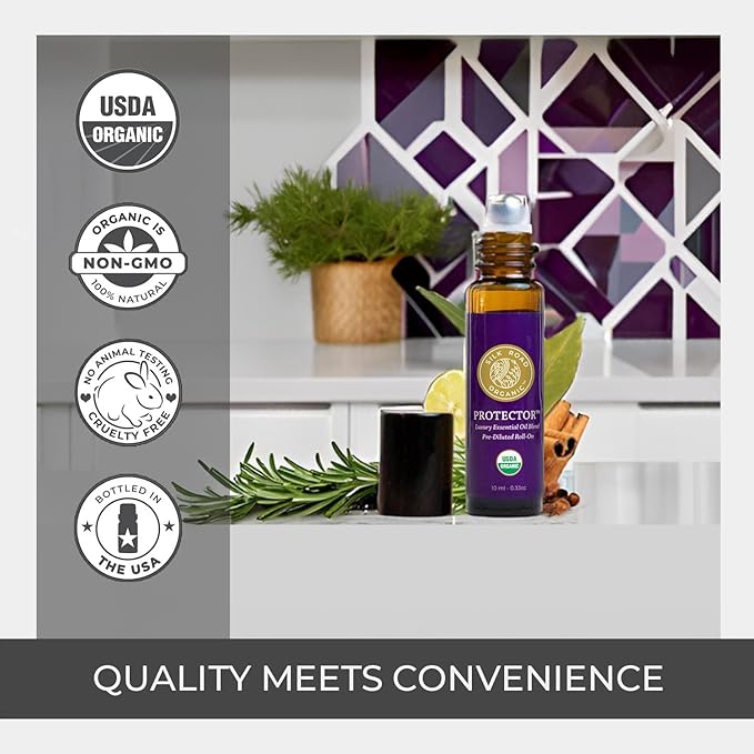 Silk Road Organic Protector Essential Oil Immunity Blend Roll On, Based on Thieves Oil Legend, 100% Pure USDA Certified Clove Bud, Cinnamon Bark, Rosemary, Lemon, Eucalyptus - 10 ml Roller