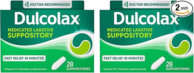 Dulcolax Stimulant Laxative Medicated Suppositories, Predictable & Effective Constipation Relief, Bisacodyl 10 mg, 28 Count, 2 pk