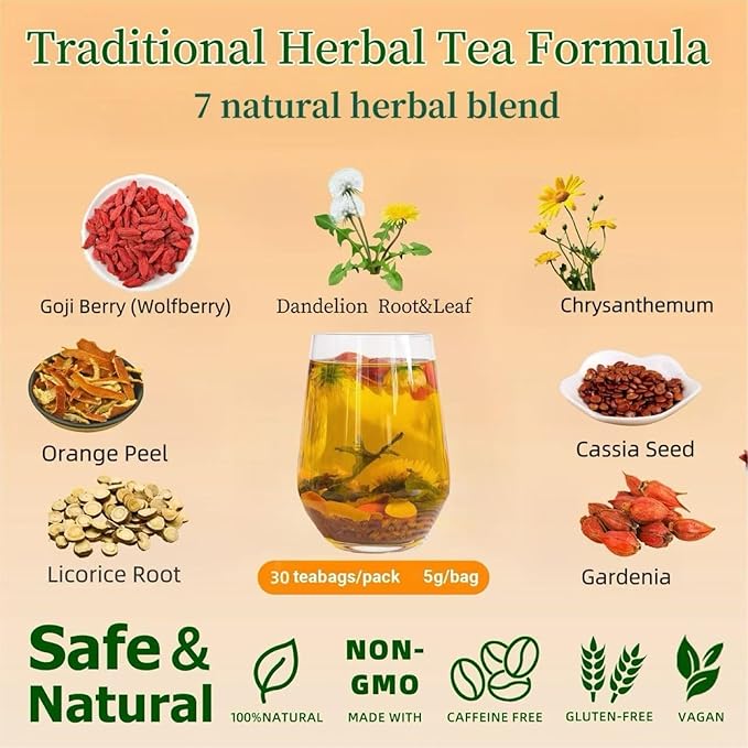 30 Organic Dandelion Detox Tea Bags,Dandelion Wolfberry Tea,Support Kidney & Liver Health,Chinese Herbal Tea Blend Goji Berry Chrysanthemum for Cleanse and Detox, All-Natural