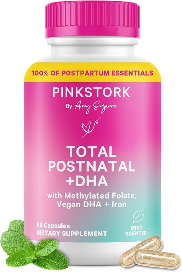 Pink Stork Total Postnatal Vitamins for Women | Vegan DHA, Iron, Folate, B12 | Postpartum Recovery Essentials | Lactation Support for Breastfeeding Moms | Third-Party Tested - 60 Capsules, Mint