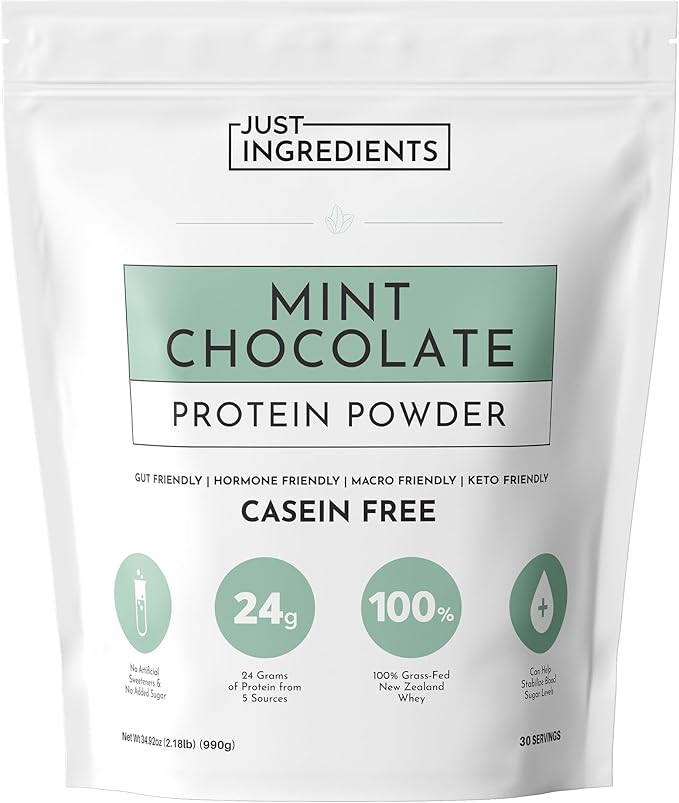 JUST INGREDIENTS Mint Chocolate Protein Powder – 30 Serving Bag – Grass-Fed Whey & Plant Protein Blend with Real Cocoa & Peppermint –Sweetened, Non-GMO, Gluten-Free, No Artificial Flavors