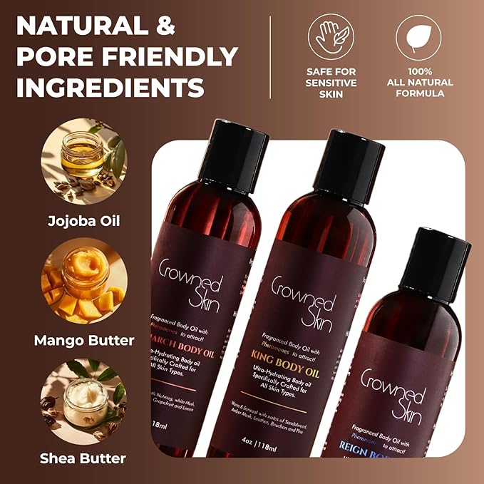 King, Reign, and Monarch Cologned Body Oil Bundle | Alluring, Nautical, & Spicy Scents | Infused with Organic Shea & Mango Butters | Moisturizing Formula with All-Day Fragrance