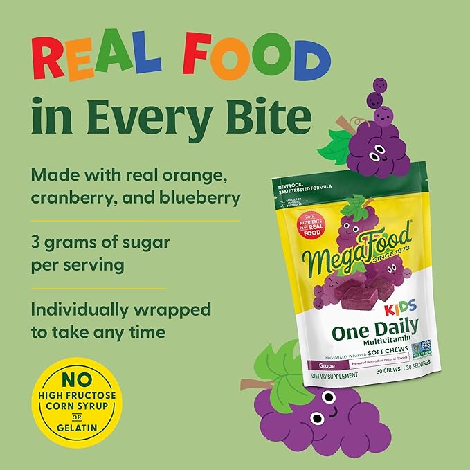 MegaFood Kids One Daily Multivitamin Soft Chews - Kids Vitamins with Vitamin B, Vitamin C, Vitamin D & Vitamin E - Age 4+, Vegetarian, Made Without 9 Food Allergens - Grape Flavor - 30 Chews