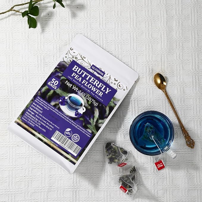 50 Premium Butterfly Pea Flower Tea Bags, Made with 100% Natural Butterfly Pea Flowers, No Additives & Caffeine Free.