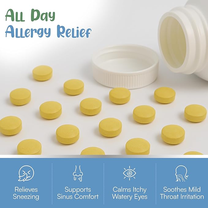 Natural Antihistamine Supplement, Sinus & Allergy Relief for Pollen, Pet Dander, Dust, Mold, and Odors, 60 Strawberry Fruit Punch Chewable Tablets