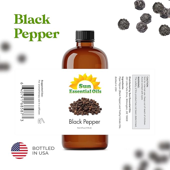 Sun Essential Oils - Black Pepper 4oz Bottle for Diffuser, Humidifier, Aromatherapy, Self and Home Care - Black Pepper Oil - Aromatherapy Oil