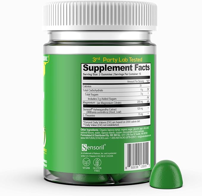 Zen Magnesium Gummies - 200mg Magnesium Citrate & 125mg Sensoril Ashwagandha Gummies - with L Theanine for Calm & Stress Support - Mag Citrate and Ashwagandha Supplement - 30 Green Apple Chewables