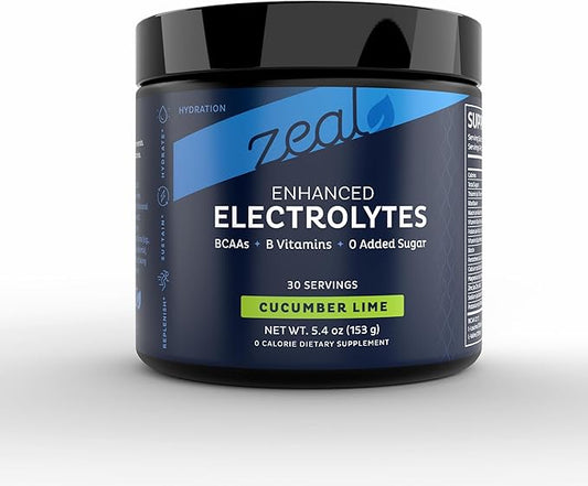 Zeal Electrolyte Powder - 90 Servings | Keto Electrolytes Powder | Zero Sugar, BCAAs, B-Vitamins | Potassium, Zinc, Magnesium | Hydration Powder Recovery Drink | Cucumber Lime