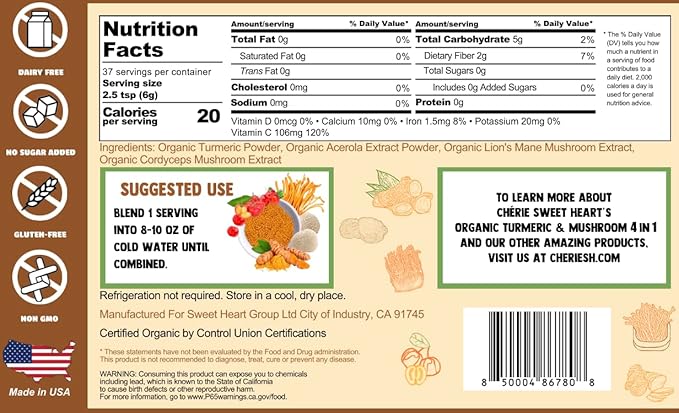 Cherie Sweet Heart Turmeric & Mushroom 4-in-1 | All-Natural, Plant-Based Powdered Drink Mix | Immunity & Wellbeing | Organic, Non-GMO, Vegan, Gluten-Free | No Sugar Added | 8 oz Jar