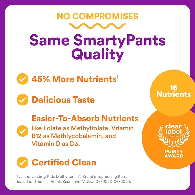 SmartyPants Toddler Multivitamin Gummies - Improved Formula: Omega 3 (DHA/EPA), Vitamins D3, C, Vitamin B12, B6, A, K & Zinc, Biotin, Gluten Free, Three Fruit Flavors, 60 Count (30 Day Supply)