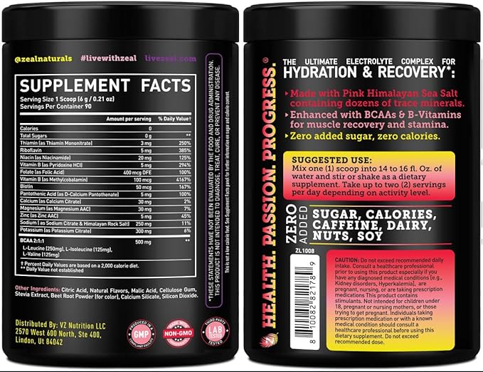 Zeal Electrolyte Powder - 90 Servings | Keto Electrolytes Powder | Zero Sugar, BCAAs, B-Vitamins | Potassium, Zinc, Magnesium | Hydration Powder Recovery Drink | Pink Lemonade