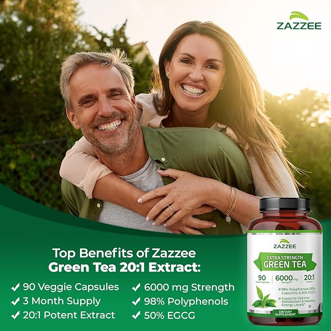 Zazzee Extra Strength Green Tea 20:1 Extract, 6000 mg Strength, 50% EGCG, 98% Polyphenols and 80% Catcehins, 90 Vegan Capsules, 3 Month Supply, Standardized and Concentrated 20X Potency, Non-GMO