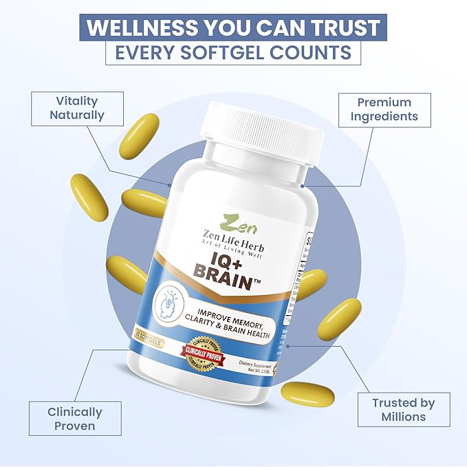 ZEN LIFE HERB IQ+ Brain - Caffeine-Free, Clinically Tested Focus, Concentration, Memory & Energy, Natural Plant-Based Herbal Supplement, No Added Vitamins/Minerals/Mushroom/Sugar (30 Softgels)