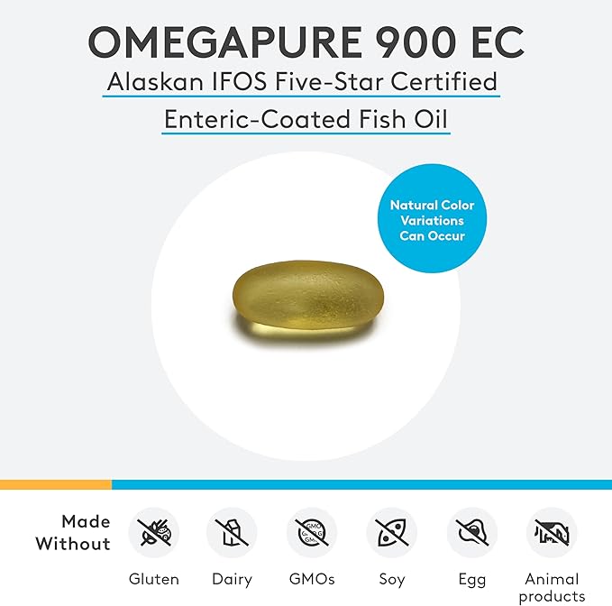 XYMOGEN OmegaPure 900 EC - Alaskan IFOS Five-Star Certified Omega 3 Fish Oil - EPA DHA Fish Oil Supplement- Supports Cardiovascular and Brain Health (90 Enteric-Coated Softgels)