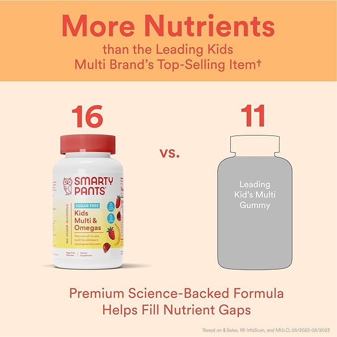 SmartyPants Kids Multivitamin Gummies, Sugar Free: Omega 3 (ALA), Vitamin D3, C, Vitamin B12, B6, A, K & Zinc for Immune Support, Biotin, Erythritol Free, Strawberry Banana, 44 Count (22 Day Supply)