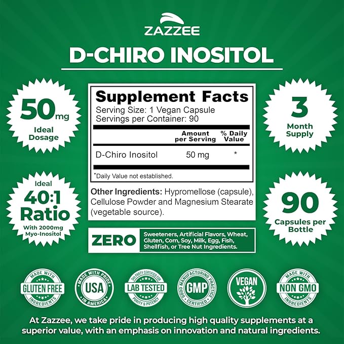 Zazzee D-Chiro-Inositol, 50 mg per Capsule, 90 Vegan Capsules, Ideal Dosage for 40:1 Ratio with Myo-Inositol, 3 Month Supply, 100% Vegetarian, Non-GMO