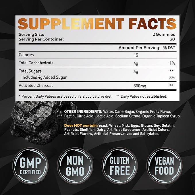 Activated Charcoal Gummies for Kids, 500mg Chewable Activated Charcoal Supplement for Gas Relief, Detox, Digestive and Oral Health, Vegan Blueberry Flavor, 60 Count