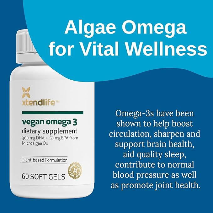 Xtendlife Vegan Omega 3 DHA & EPA - Potent Plant-Based Supplement from Marine Algae - Perfect for Vegans and Vegetarians - 30 Day Supply
