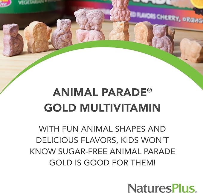 NaturesPlus Animal Parade Gold Children's Multivitamin - Assorted Cherry, Orange & Grape Flavors - 120 Animal-Shaped Chewable Tablets, Pack of 4 - Vegan, Gluten Free - 240 Total Servings