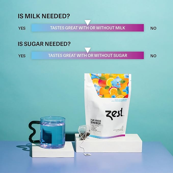 Zest Energy Tea - Blue Lady - High Caffeine Passion Fruit Black Tea Bags - Caffeinated Coffee Altnernative/Substitute - Natural, Non-GMO & Keto Friendly - Hot or Iced - 20Ct Pack - 150mg Caf