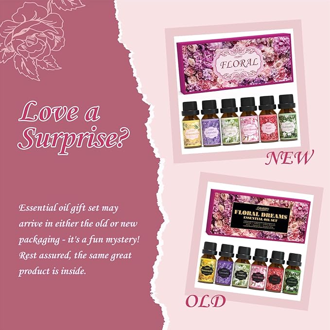 SALUBRITO Floral Fragrance Oils Set, Essential Oils for Diffuser & Candle Making Scents, 6x10ml Aromatherapy Oils Gift Set - Jasmine, Lavender, Rose, Gardenia, Cherry Blossom, Honeysuckle Oil