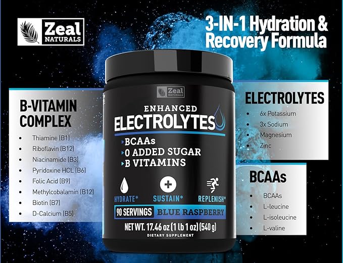 Zeal Electrolyte Powder - 90 Servings | Keto Electrolytes Powder | Zero Sugar, BCAAs, B-Vitamins | Potassium, Zinc, Magnesium | Hydration Powder Recovery Drink | Blue Raspberry