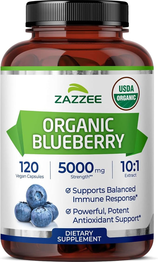 Zazzee USDA Organic Blueberry 10:1 Extract, 5000 mg Strength, 120 Vegan Capsules, 4 Month Supply, Concentrated and Standardized 10X Whole Fruit Extract, 100% Vegetarian, Non-GMO, Made in The USA