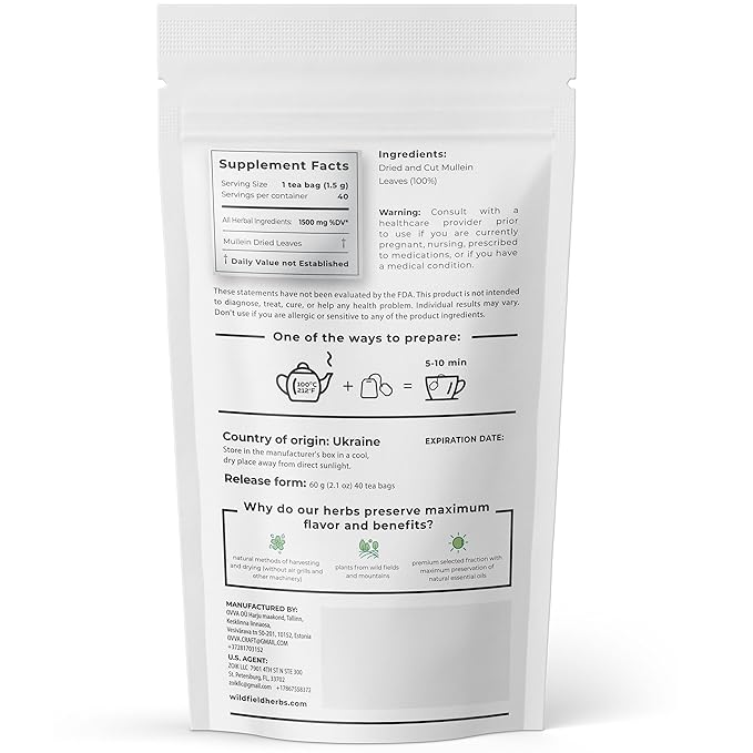 40 Bags Mullen Tea Mullein Tea Leaf (Verbáscum L.) - 40 Count 1.5g Bags Mullen Leaves Mullein Loose Leaf Hoja De Gordolobo