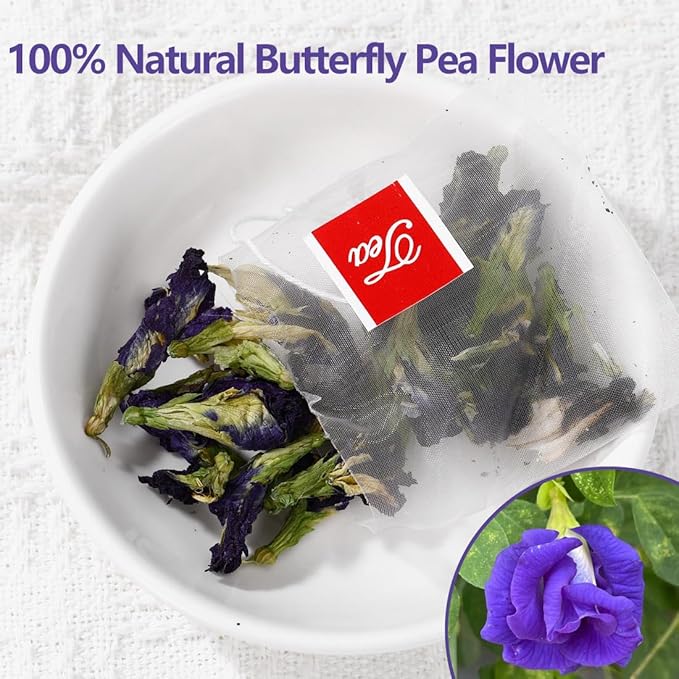 50 Premium Butterfly Pea Flower Tea Bags, Made with 100% Natural Butterfly Pea Flowers, No Additives & Caffeine Free.