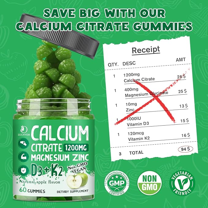 (2 Pack) Calcium Citrate 1200 mg with Vitamin D3 Gummies for Women & Men, Calcium Magnesium Zinc with Vitamin D3 K2 Supplement for Bone & Teeth Support, Natural Apple Flavor - 60 Day Vegan Supply