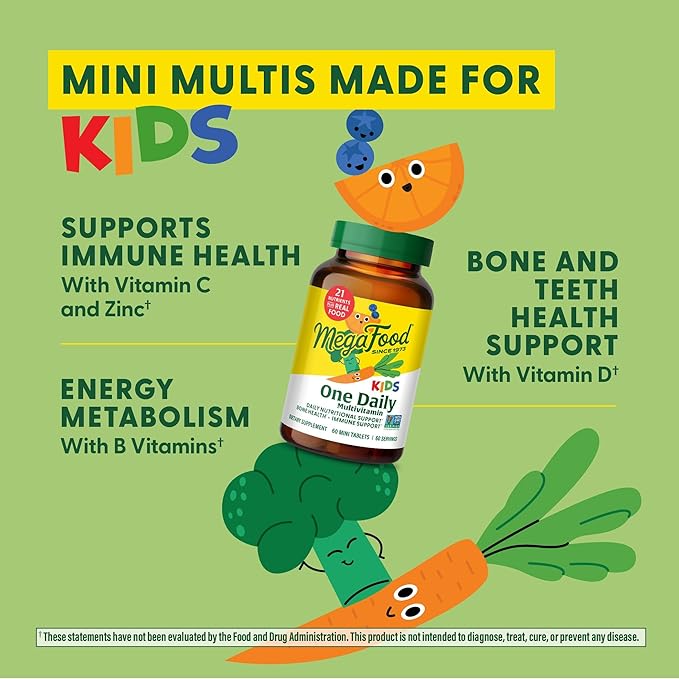 MegaFood Kids One Daily Multivitamin - Convenient Mini Multivitamin for Kids - with Zinc, Vitamins C, B & D - Vegetarian, Gluten Free, Non GMO - 60 Tablets, 60 Servings