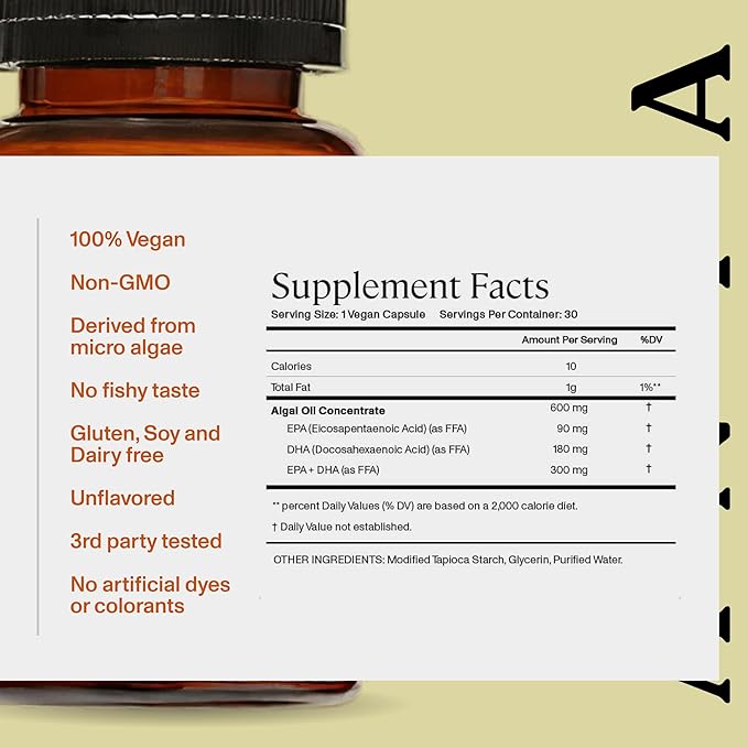 ANYA Omega 3 with 300mg DHA and EPA, Clean Ingredients, Non-GMO, 100% Vegan, Gluten, Soy, and Dairy Free. Supplement for Women, Prenatal Postnatal Vitamin for Breastfeeding and Lactation Support