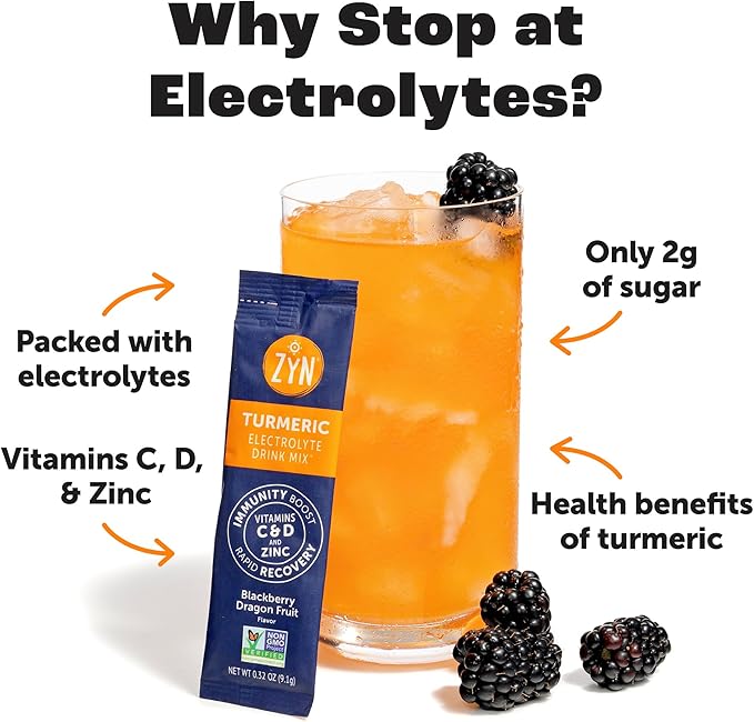 ZYN Electrolyte Drink Mix Hydration Packets, Electrolytes Powder, Hydration Packets w/Turmeric Curcumin, Vitamin C and D, Zinc, Hydrate Electrolyte Powder Packets for Wellness, Variety Pack of 32