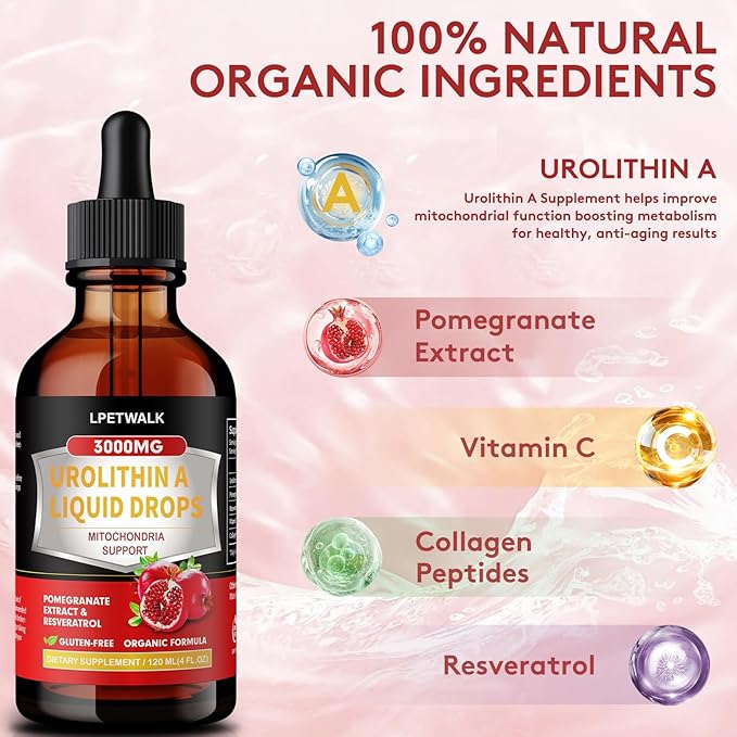 4 Fl Oz Urolithin A Liquid Drops with Pomegranate Extract - Urolithin a Supplement - Big Capacity (120ml)