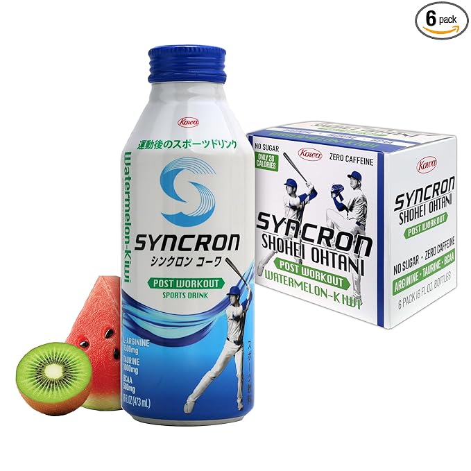 Syncron Post Workout Electrolyte Drink Endorsed by Shohei Ohtani, No Sugar, Aspartame or Artificial Sweeteners, Made with Real Fruit Juice, Taurine, L Arginine & BCAAs, Watermelon Kiwi, 6 Pack, 16 oz
