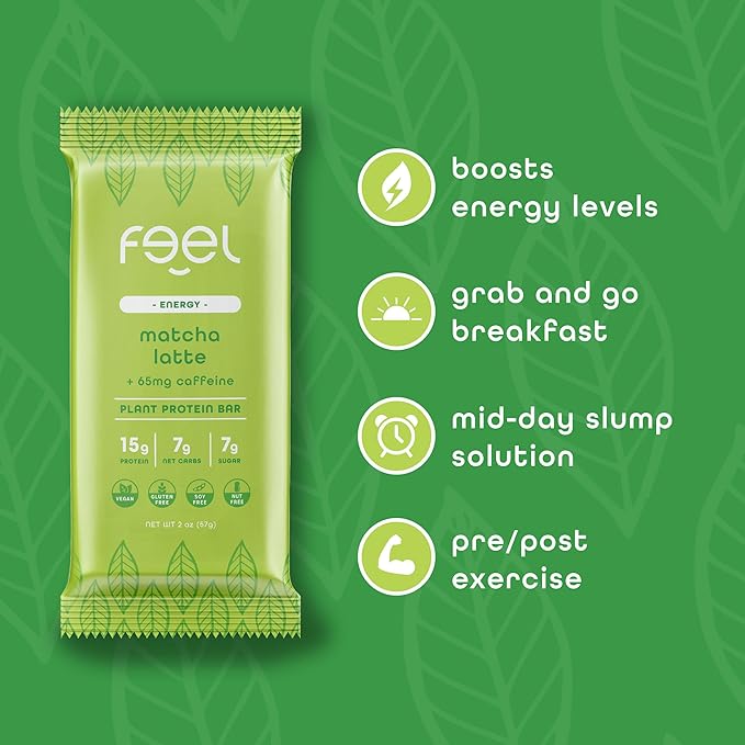 Feel Vegan Protein Bars, Energize, 65mg Caffeine, 15g Plant Protein, Organic Snack, Low Sugar, Low Carb, Gluten Free, Dairy, Nut, Grain, Soy Free, Matcha Latte, 10 Pack