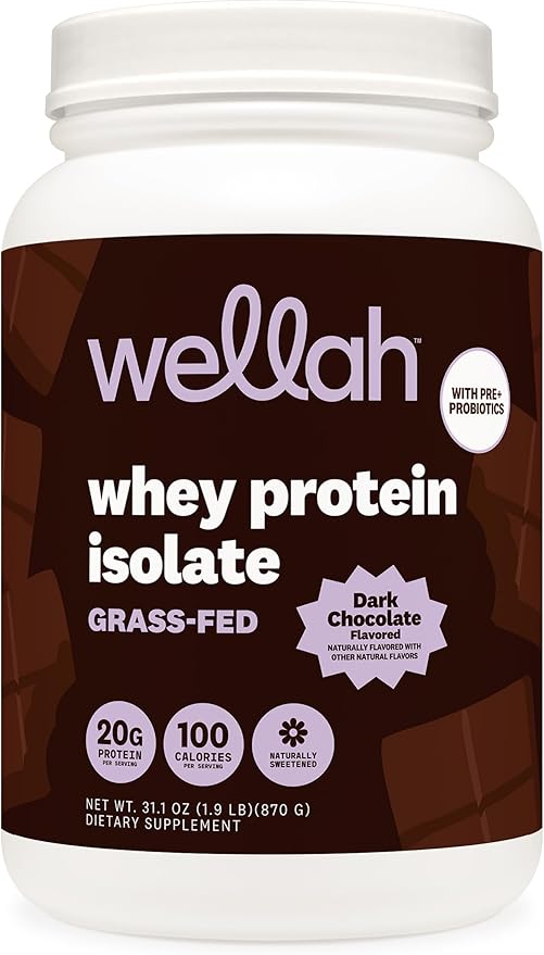 Wellah Grass-Fed Whey Protein Isolate Powder (Dark Chocolate) 30 Servings - with Prebiotics, Enzymes & Probiotics, 20g of Protein, 100 Calories, Naturally Sweetened