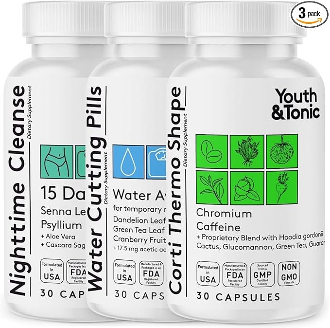 Youth & Tonic Dietary Discipline for Mindful Eating, Cleanse, Detox & Energy Support – Water Weight, Gut Cleanse & CortiThermo Shape for Metabolism, Loss of Body Fluids, Break The Plateau, 90 Pills