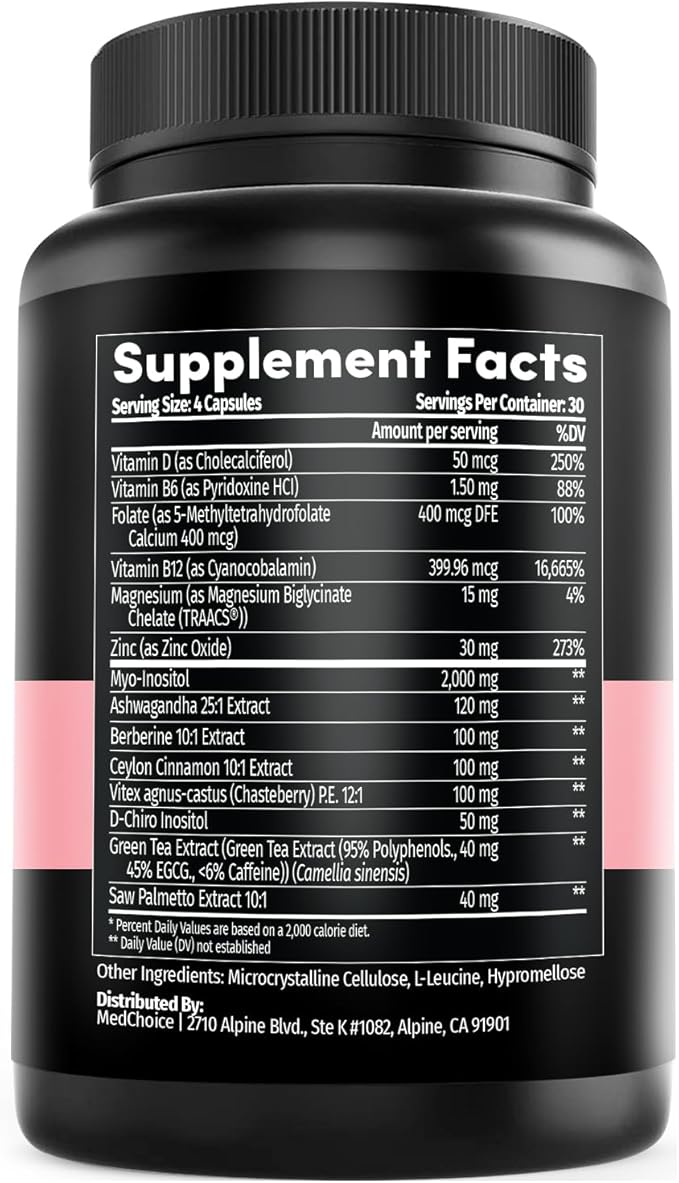 14-in-1 Inositol Supplement & Hormone Support for Women - 40:1 Myo-inositol & D-Chiro Inositol Ovarian Support Capsules for Hormone Balance with Folate, Vitamin D and B12 (120 count) (Pack of 2)