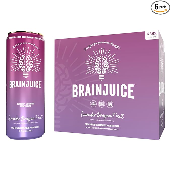 Brainjuice Brain Health Support Drink for Energy & Focus, Vitamin C, B5, B6 & B12, L Theanine, Alpha GPC & Natural Caffeine From Green Tea, Vegan, Gluten Free, Lavender Dragon Fruit, 12 Oz Can, 6 Pack